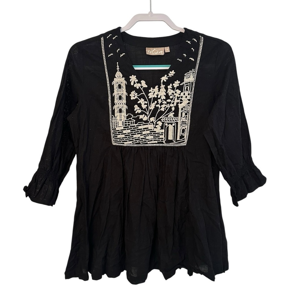 Utsa Black 3/4 Sleeve Top Cream Embroidery Women's Size S Cottage Whimsigoth EUC